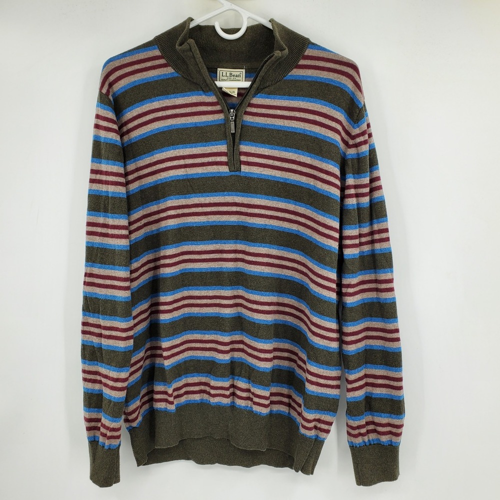 L.L Bean Mens Large‎ 1/4 Zip Sweater Cotton Cashmere Striped Pullover Y2K Dad